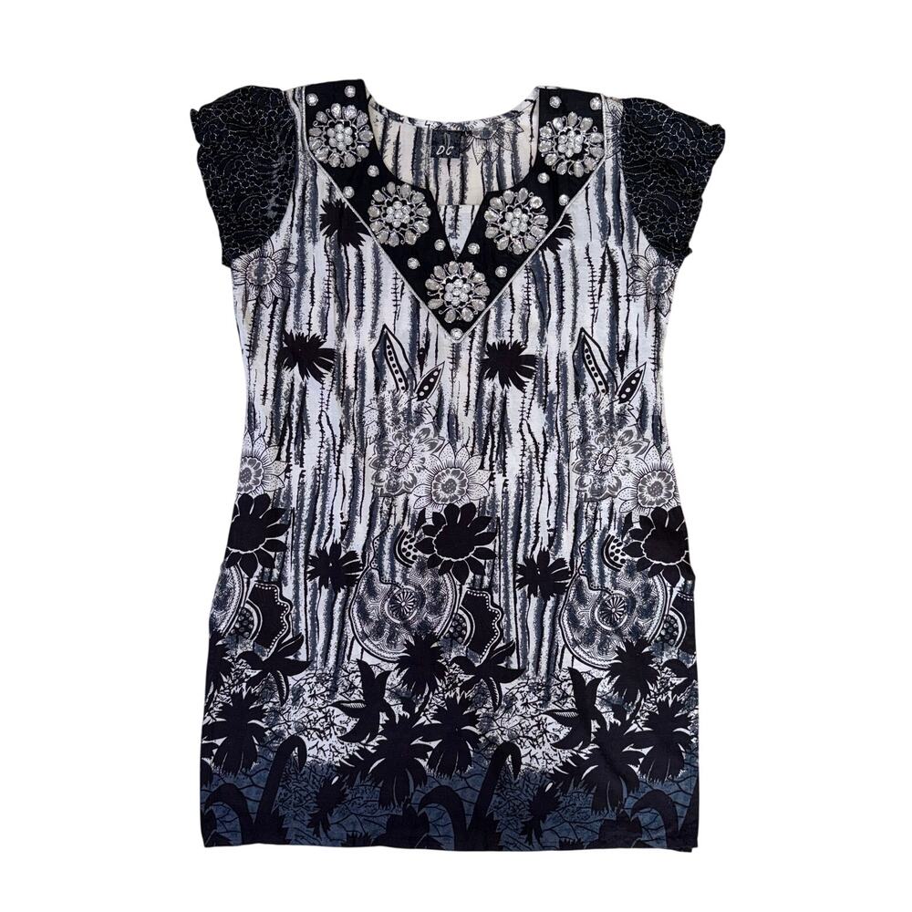 Label DC Mumbai‎ Embellished Indo-Western Tunic Dress - Black & White Floral - L